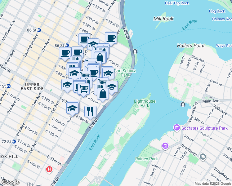 map of restaurants, bars, coffee shops, grocery stores, and more near 10 Gracie Square in New York