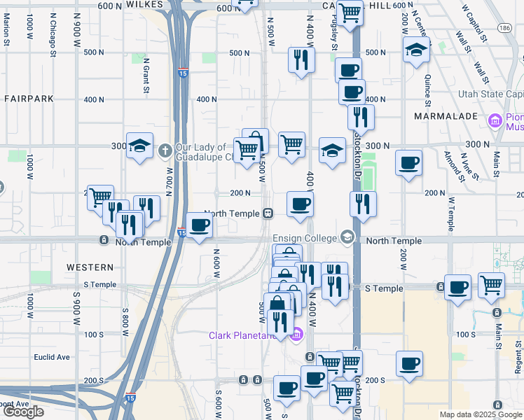 map of restaurants, bars, coffee shops, grocery stores, and more near 523 200 North in Salt Lake City