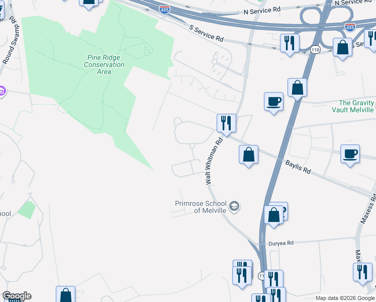 map of restaurants, bars, coffee shops, grocery stores, and more near 5 Northgate Court in Melville
