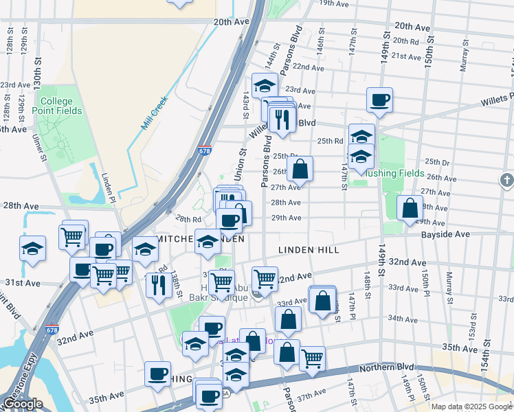 map of restaurants, bars, coffee shops, grocery stores, and more near 28-02 Parsons Boulevard in Queens