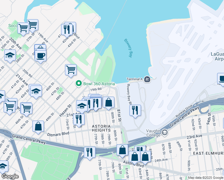 map of restaurants, bars, coffee shops, grocery stores, and more near 80-8 19th Avenue in Queens
