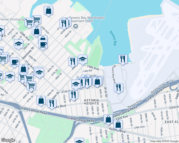 map of restaurants, bars, coffee shops, grocery stores, and more near 79-18 19th Avenue in Queens