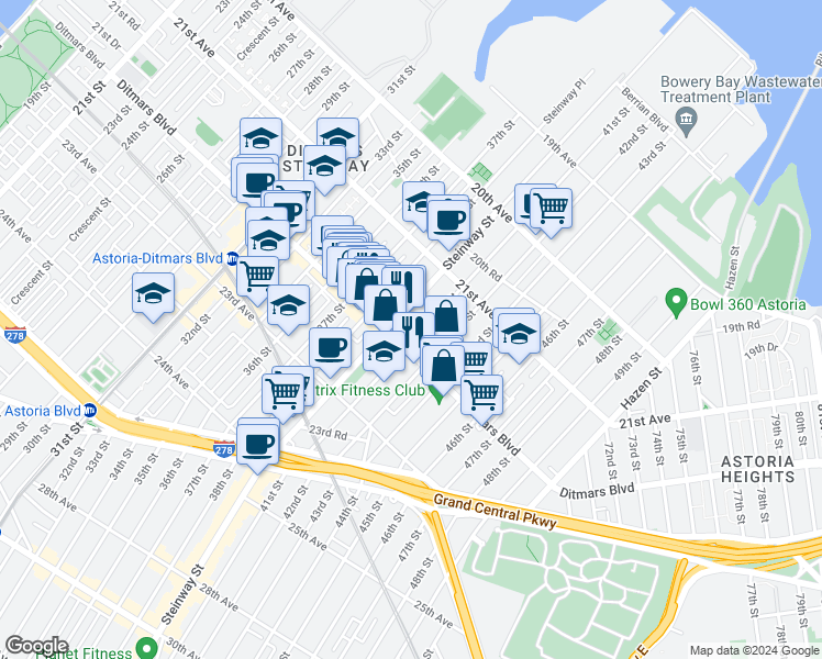 map of restaurants, bars, coffee shops, grocery stores, and more near 21-62 41st Street in Queens