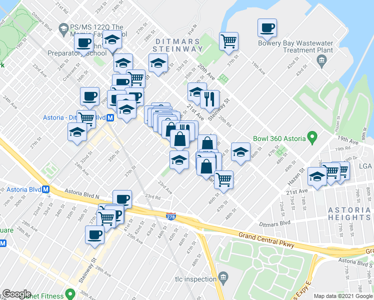 map of restaurants, bars, coffee shops, grocery stores, and more near 21-62 41st Street in Queens
