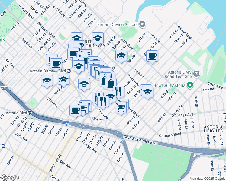 map of restaurants, bars, coffee shops, grocery stores, and more near 2200 38th Street in Queens
