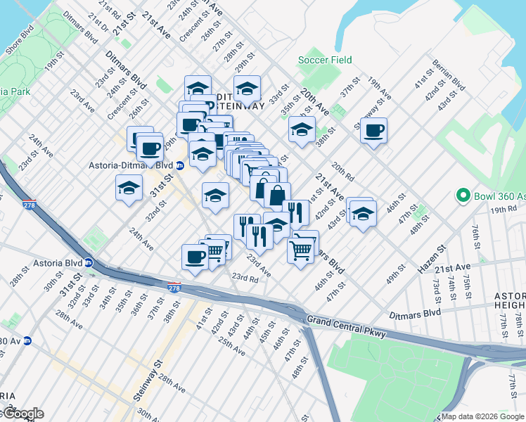 map of restaurants, bars, coffee shops, grocery stores, and more near 2200 38th Street in Queens
