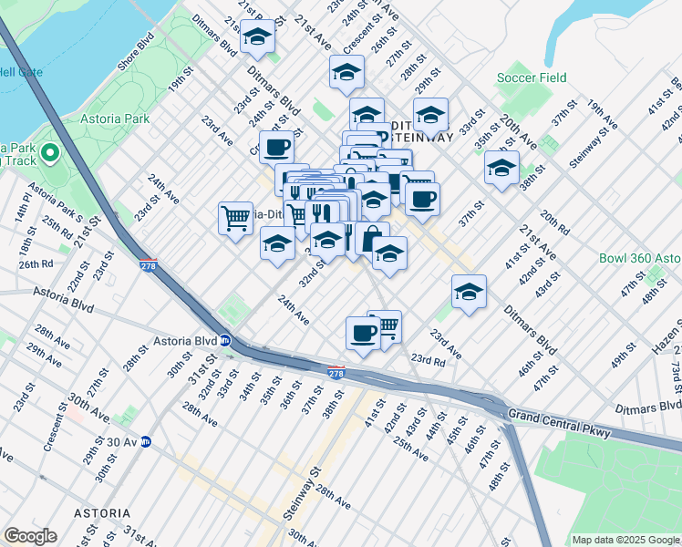 map of restaurants, bars, coffee shops, grocery stores, and more near 23-26 33rd Street in Queens