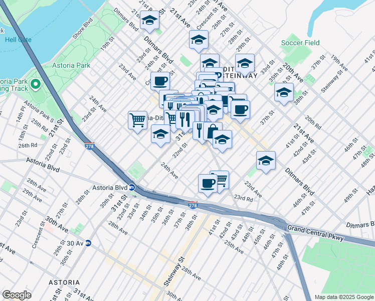 map of restaurants, bars, coffee shops, grocery stores, and more near 23-26 33rd Street in Queens