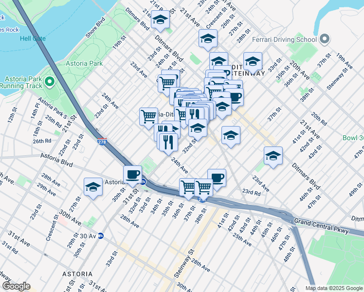 map of restaurants, bars, coffee shops, grocery stores, and more near 23-53 31st Street in Queens