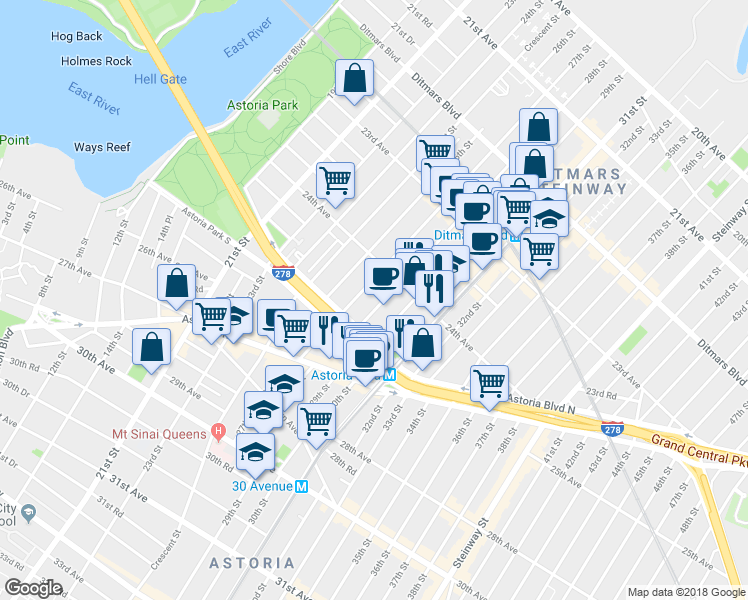 map of restaurants, bars, coffee shops, grocery stores, and more near 24-39 27th Street in Queens