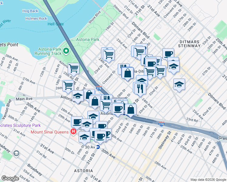 map of restaurants, bars, coffee shops, grocery stores, and more near 24-39 27th Street in Queens