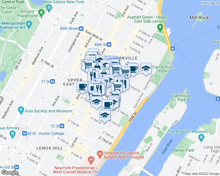 map of restaurants, bars, coffee shops, grocery stores, and more near 415-419 East 80th Street in New York