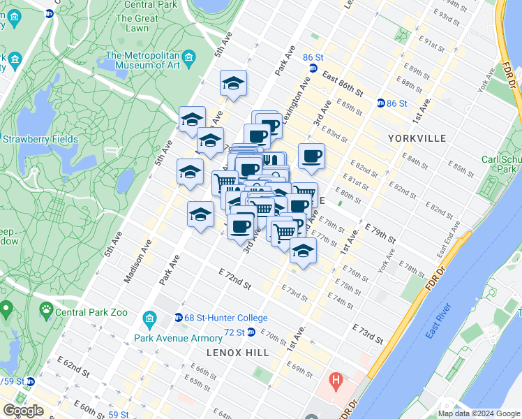 map of restaurants, bars, coffee shops, grocery stores, and more near in New York