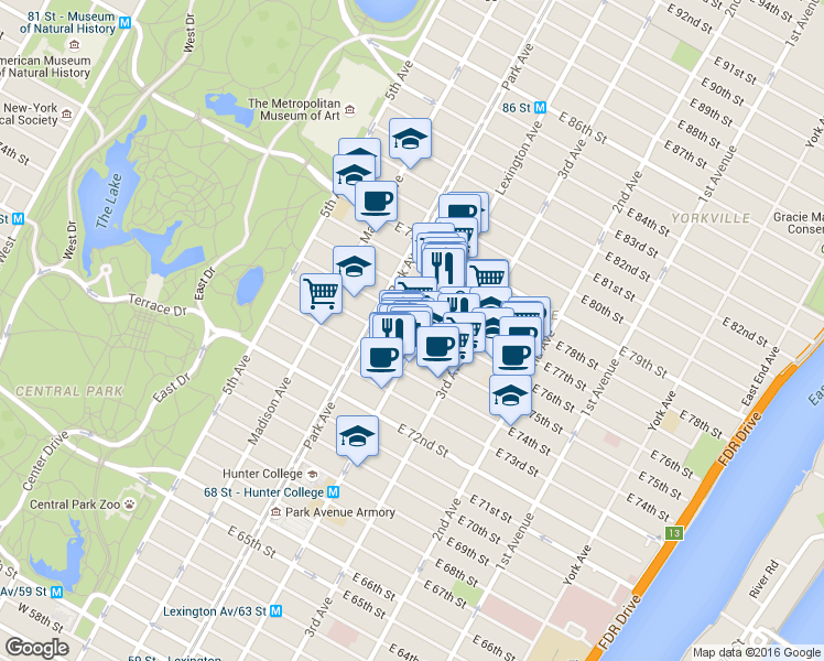 map of restaurants, bars, coffee shops, grocery stores, and more near 1074 Lexington Avenue in New York
