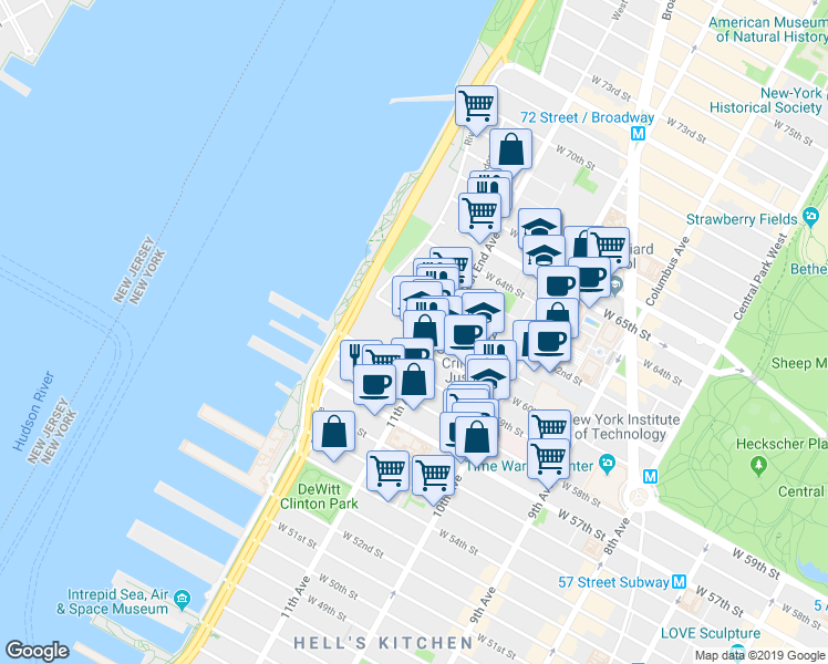 map of restaurants, bars, coffee shops, grocery stores, and more near 21 West End Avenue in New York