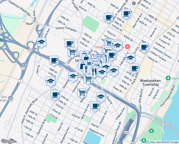 map of restaurants, bars, coffee shops, grocery stores, and more near 518 Hackensack Plank Road in Union City