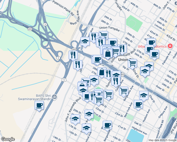 map of restaurants, bars, coffee shops, grocery stores, and more near 1405 27th Street in North Bergen