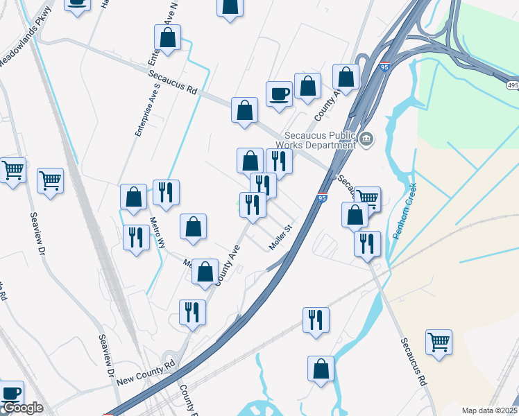 map of restaurants, bars, coffee shops, grocery stores, and more near 258 County Avenue in Secaucus