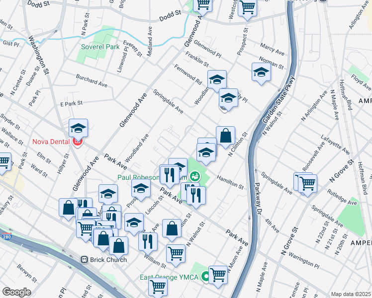 map of restaurants, bars, coffee shops, grocery stores, and more near in East Orange