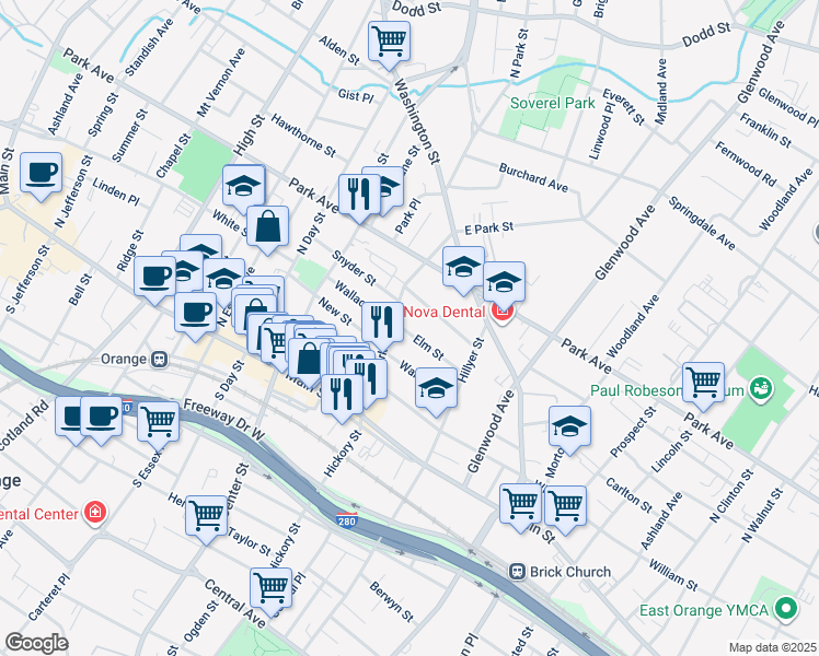 map of restaurants, bars, coffee shops, grocery stores, and more near 149 Elm Street in City of Orange