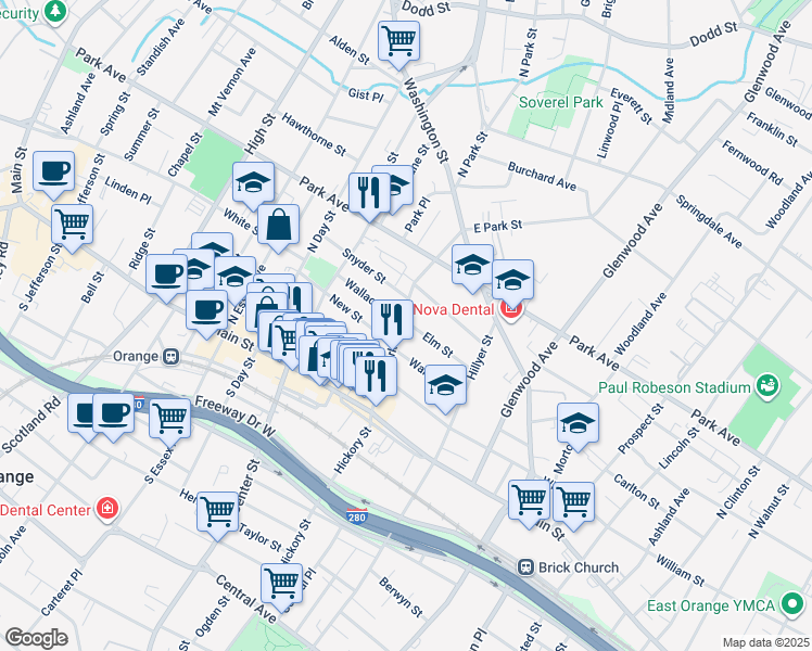 map of restaurants, bars, coffee shops, grocery stores, and more near 184 Wallace Street in City of Orange
