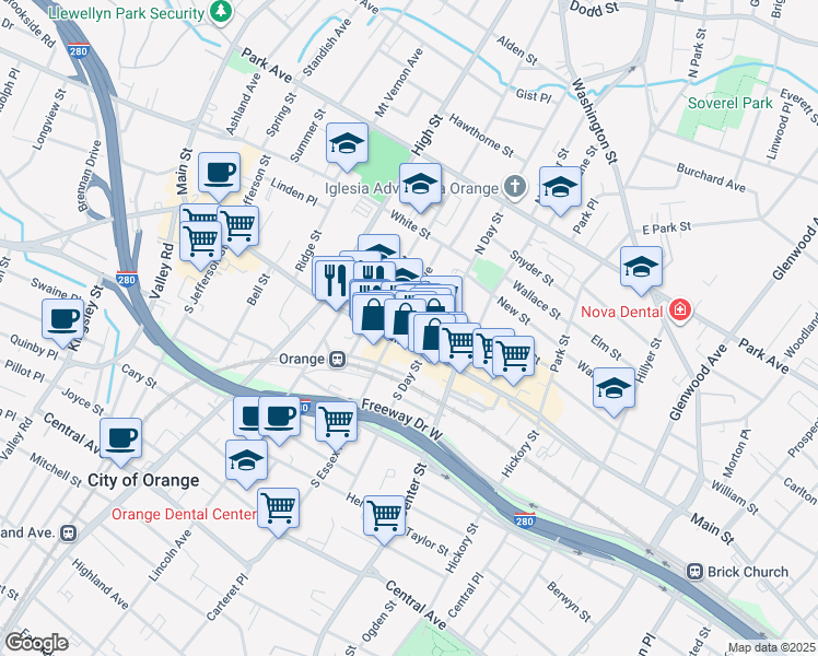 map of restaurants, bars, coffee shops, grocery stores, and more near 327 Main Street in City of Orange