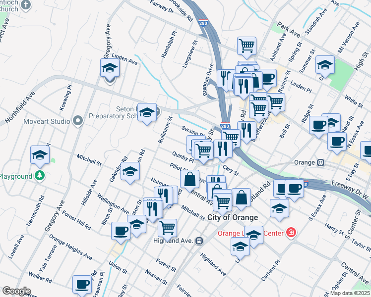 map of restaurants, bars, coffee shops, grocery stores, and more near 86 Riggs Place in West Orange