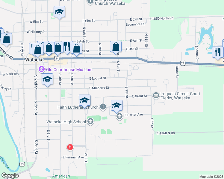 map of restaurants, bars, coffee shops, grocery stores, and more near 537 East Mulberry Street in Watseka
