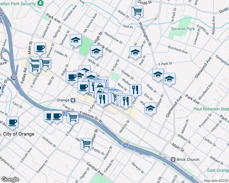 map of restaurants, bars, coffee shops, grocery stores, and more near 48 North Center Street in City of Orange