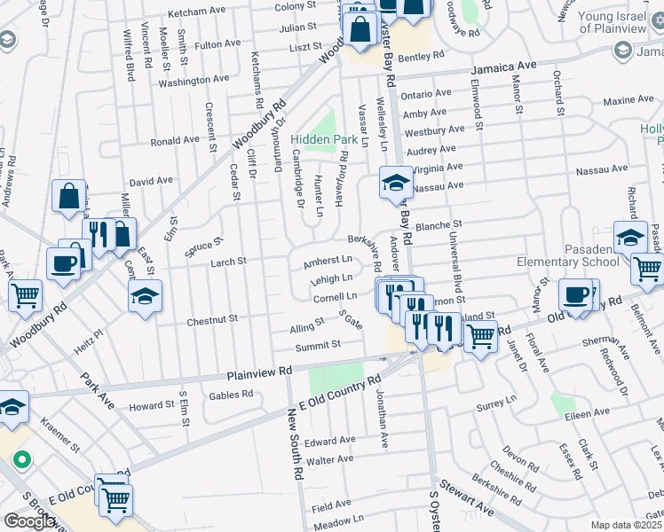 map of restaurants, bars, coffee shops, grocery stores, and more near 26 Amherst Lane in Hicksville