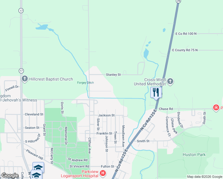 map of restaurants, bars, coffee shops, grocery stores, and more near 732 Barclay Street in Logansport
