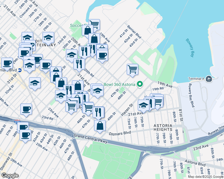 map of restaurants, bars, coffee shops, grocery stores, and more near 20-37 46th Street in Queens
