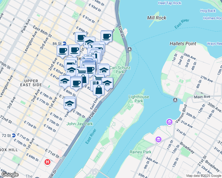 map of restaurants, bars, coffee shops, grocery stores, and more near 10 Gracie Square in New York