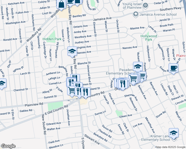 map of restaurants, bars, coffee shops, grocery stores, and more near 29 Relda Street in Plainview
