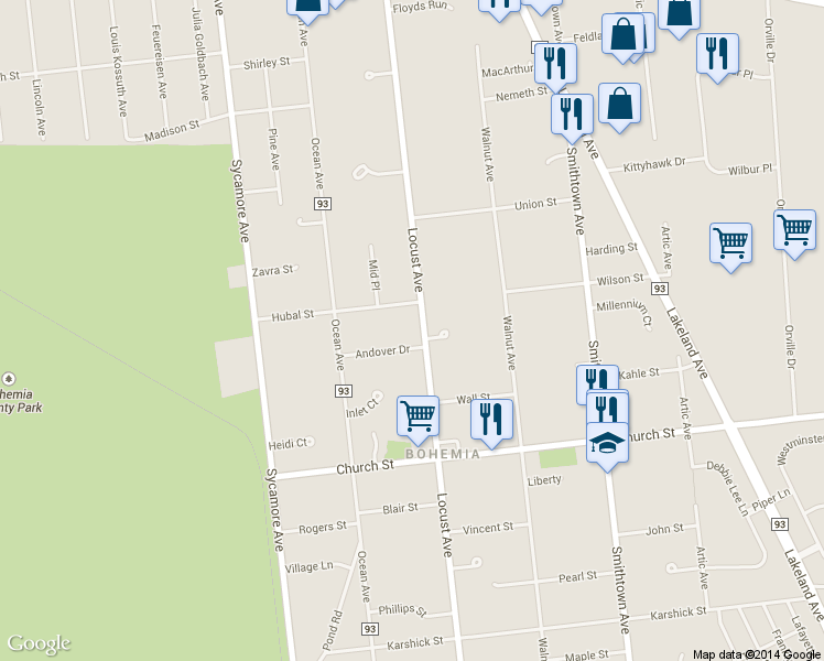 map of restaurants, bars, coffee shops, grocery stores, and more near 1268 Locust Avenue in Bohemia