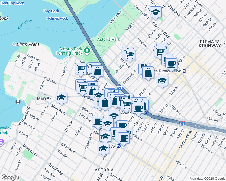map of restaurants, bars, coffee shops, grocery stores, and more near 2501 Crescent Street in Queens