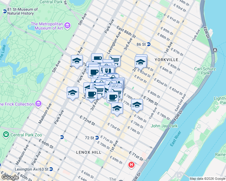 map of restaurants, bars, coffee shops, grocery stores, and more near 205 East 77th Street in New York
