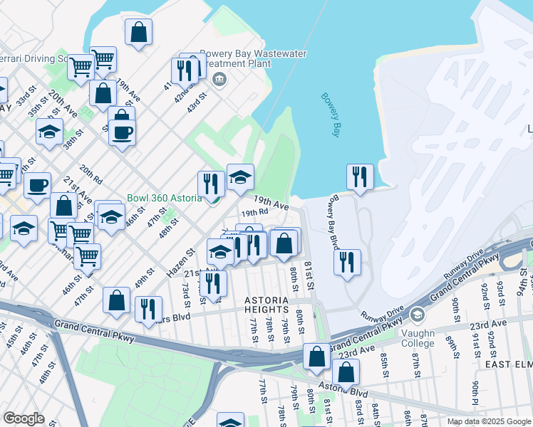 map of restaurants, bars, coffee shops, grocery stores, and more near 79-18 19th Avenue in Queens
