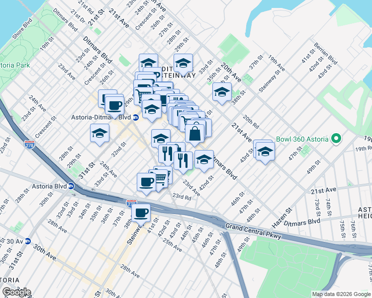 map of restaurants, bars, coffee shops, grocery stores, and more near 22-26 38th Street in Queens