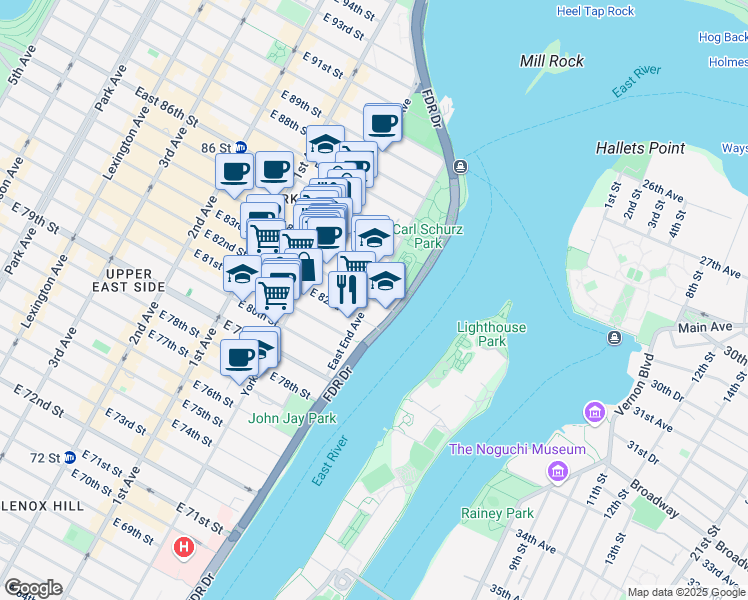 map of restaurants, bars, coffee shops, grocery stores, and more near 615 East 83rd Street in New York