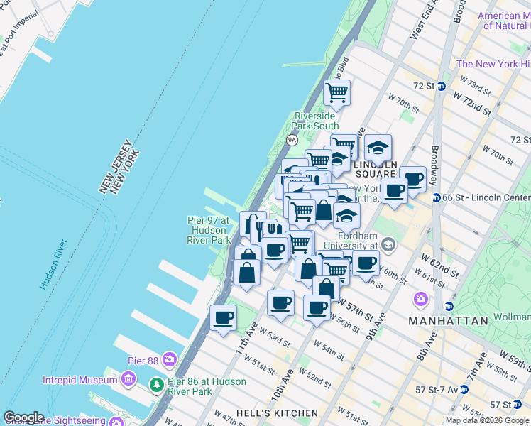 map of restaurants, bars, coffee shops, grocery stores, and more near 10 Riverside Boulevard in New York