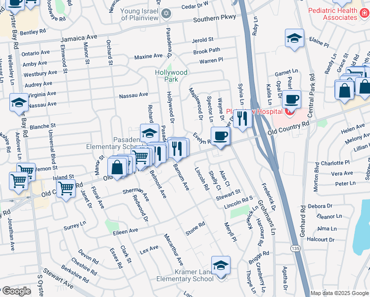 map of restaurants, bars, coffee shops, grocery stores, and more near 670 Old Country Road in Plainview