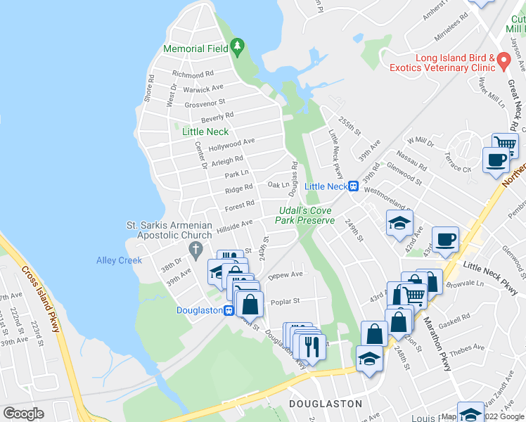 map of restaurants, bars, coffee shops, grocery stores, and more near 38-20 East Dr in Queens