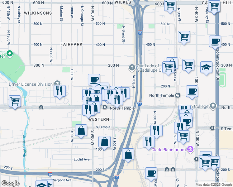 map of restaurants, bars, coffee shops, grocery stores, and more near 154 North 8th West in Salt Lake City