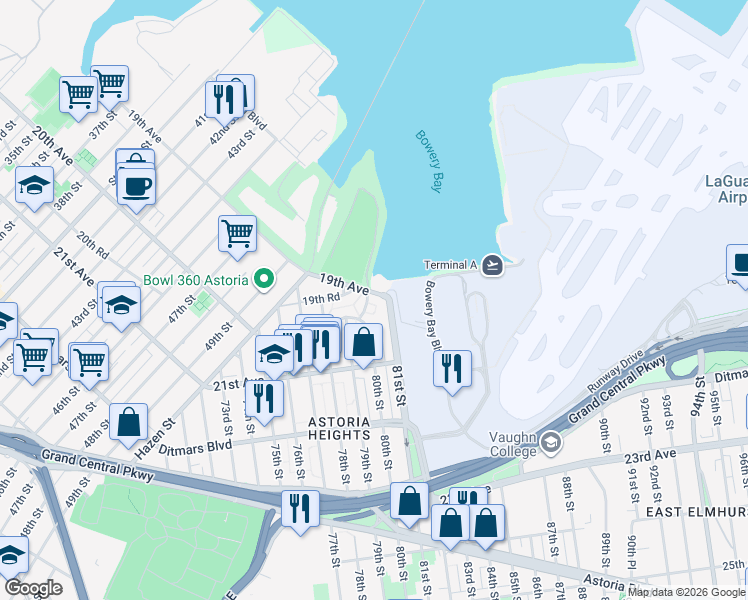 map of restaurants, bars, coffee shops, grocery stores, and more near 80-10 19th Avenue in Queens