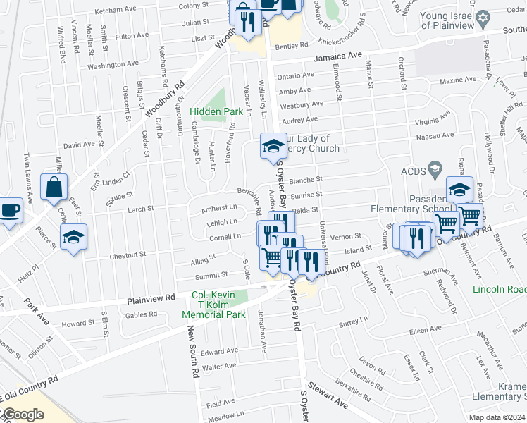 map of restaurants, bars, coffee shops, grocery stores, and more near 45 Berkshire Road in Hicksville