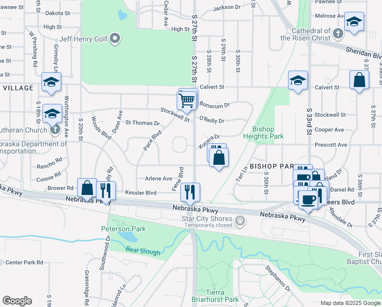 map of restaurants, bars, coffee shops, grocery stores, and more near 2625 South Bishop Square in Lincoln
