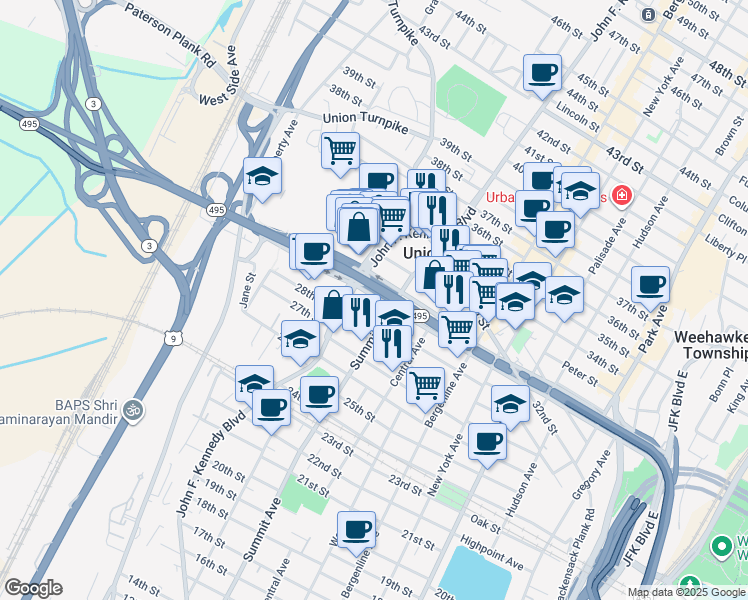 map of restaurants, bars, coffee shops, grocery stores, and more near 2913 Jeanette Street in Union City