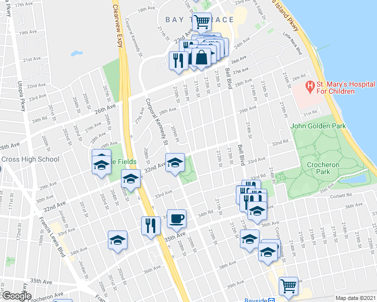map of restaurants, bars, coffee shops, grocery stores, and more near 209-43 32nd Avenue in Queens