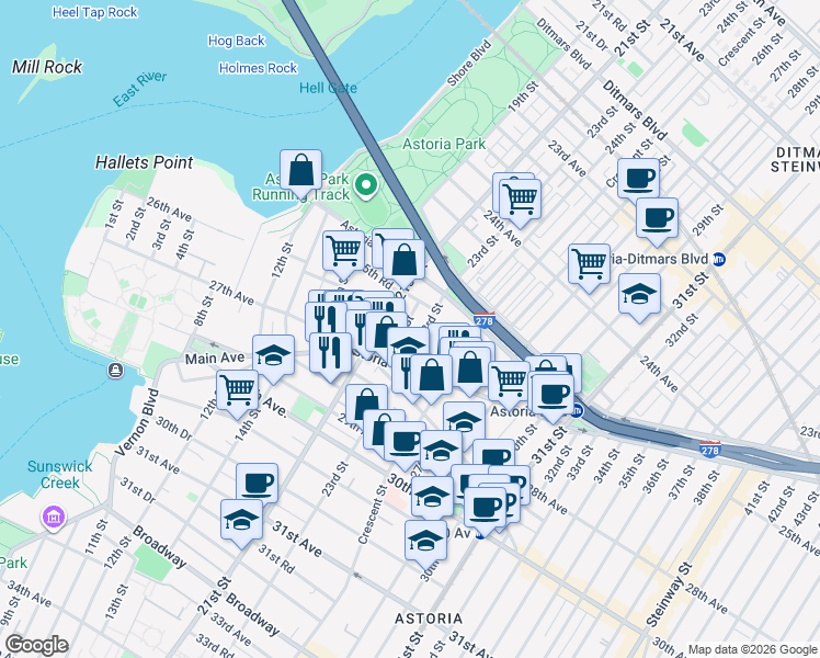 map of restaurants, bars, coffee shops, grocery stores, and more near 25-52 22nd Street in Queens